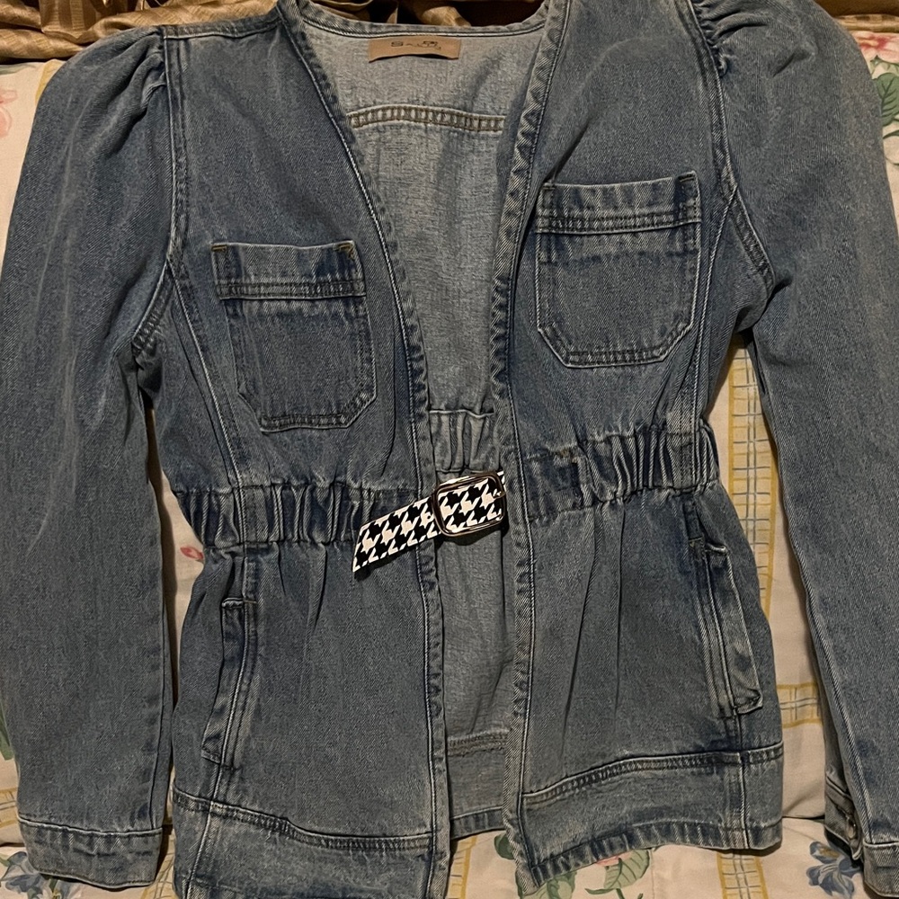 Denim Utility Jacket with Houndstooth Buckle - Blue